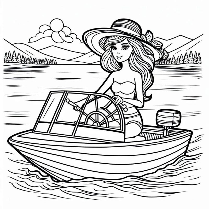 Desenho da Barbie em Passeio de Barco para Colorir