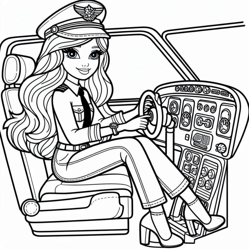 Desenho da Barbie como piloto na cabine de um avião para colorir