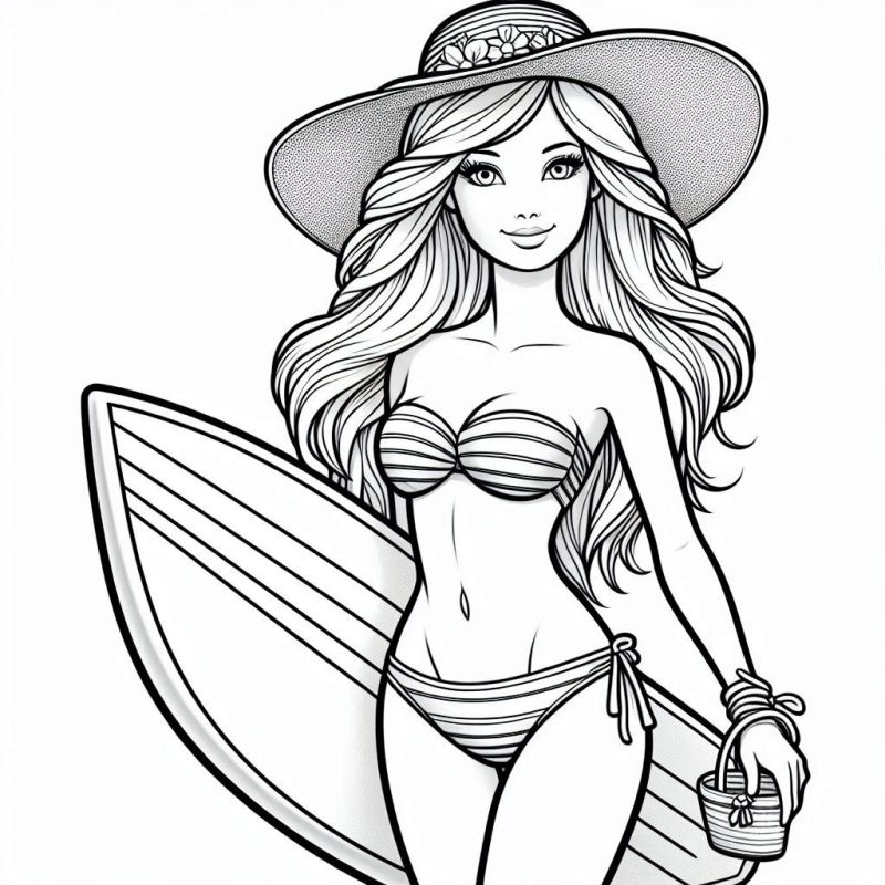 Desenho da Barbie na praia com biquíni e prancha de surfe para colorir