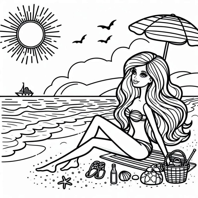 Desenho da Barbie na Praia com Guarda-Sol e Cruzeiro ao Fundo para Colorir