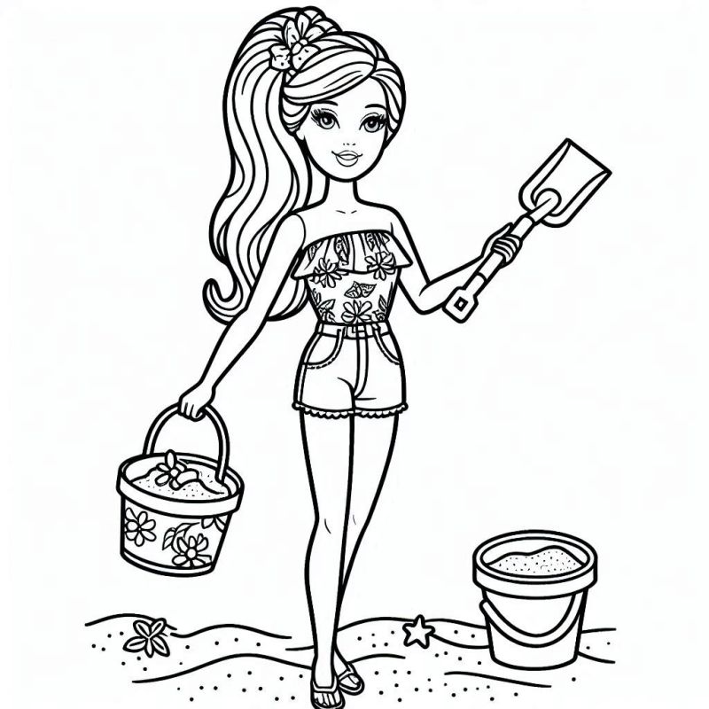 Desenho da Barbie na Praia para Colorir