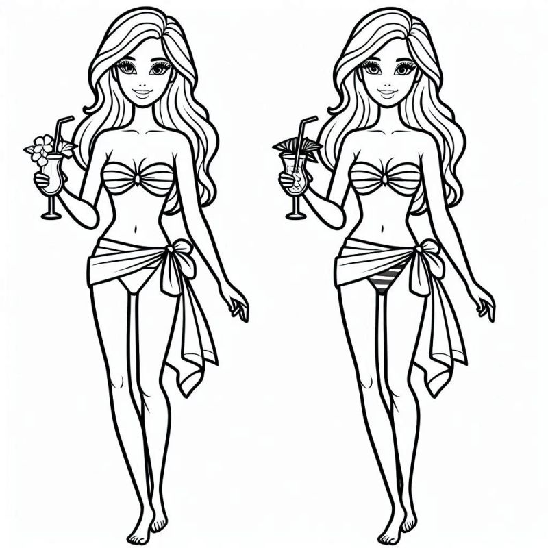 Desenho da Barbie na praia com traje de banho segurando um coquetel para colorir.