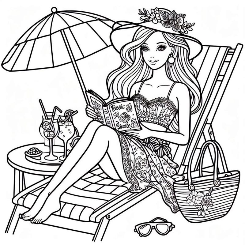 Desenho de Barbie na praia lendo e relaxando em uma espreguiçadeira