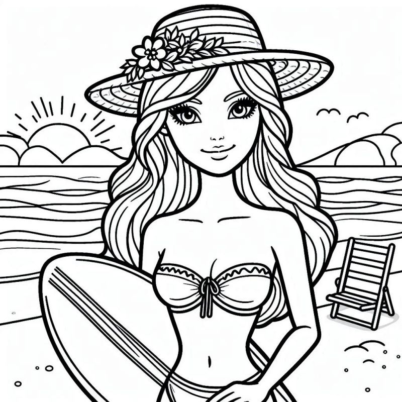 Barbie com chapéu e prancha de surfe na praia para colorir