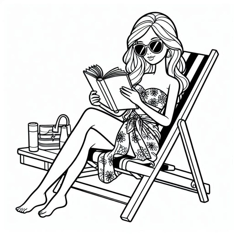 Desenho de Barbie Lendo na Praia para Colorir