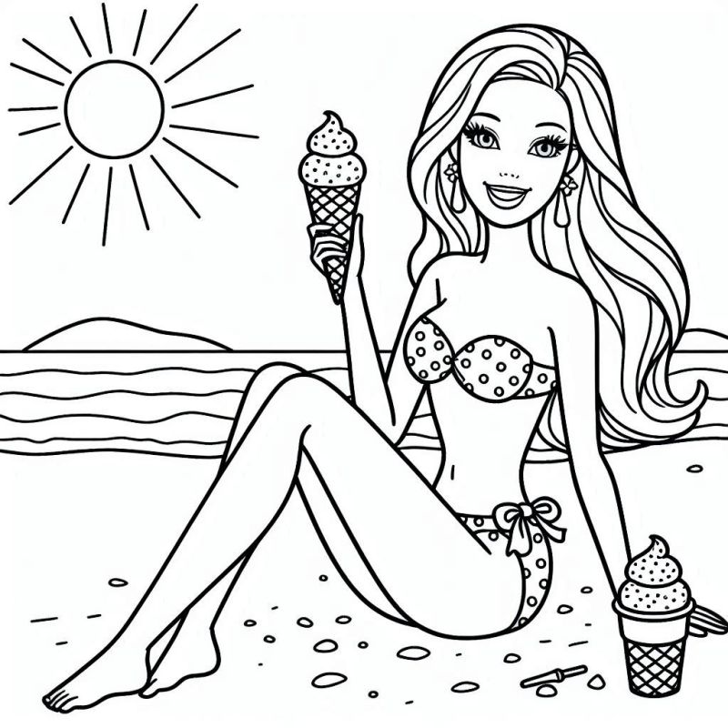 Desenho da Barbie na praia segurando sorvetes para colorir