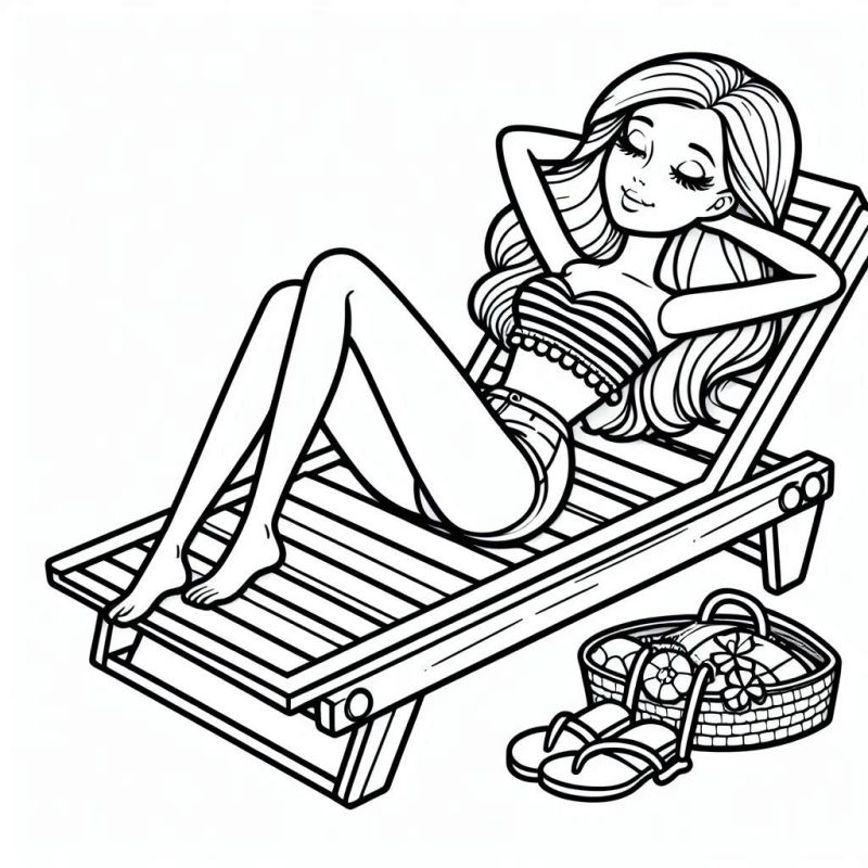 Desenho da Barbie relaxando em uma cadeira de praia para colorir