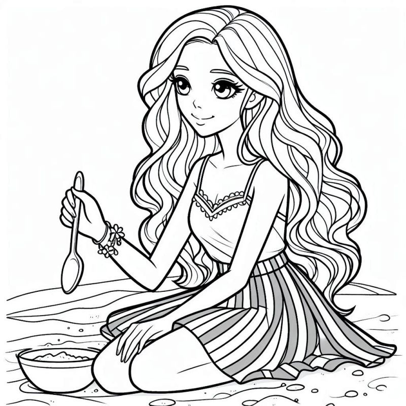 Desenho da Barbie na praia com tigela de areia para colorir