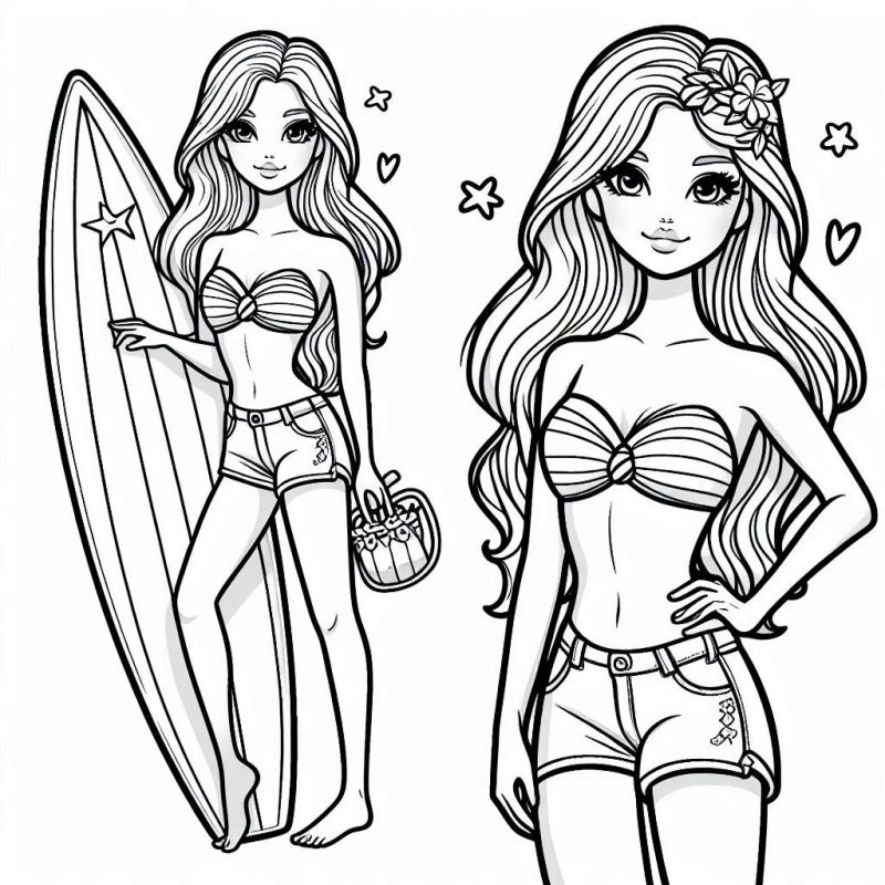 Desenho da Barbie vestida de verão com prancha de surfe e flor no cabelo para colorir