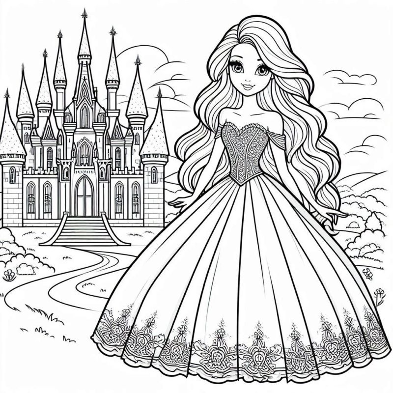 Desenho em preto e branco de Barbie princesa em um castelo de contos de fadas para colorir