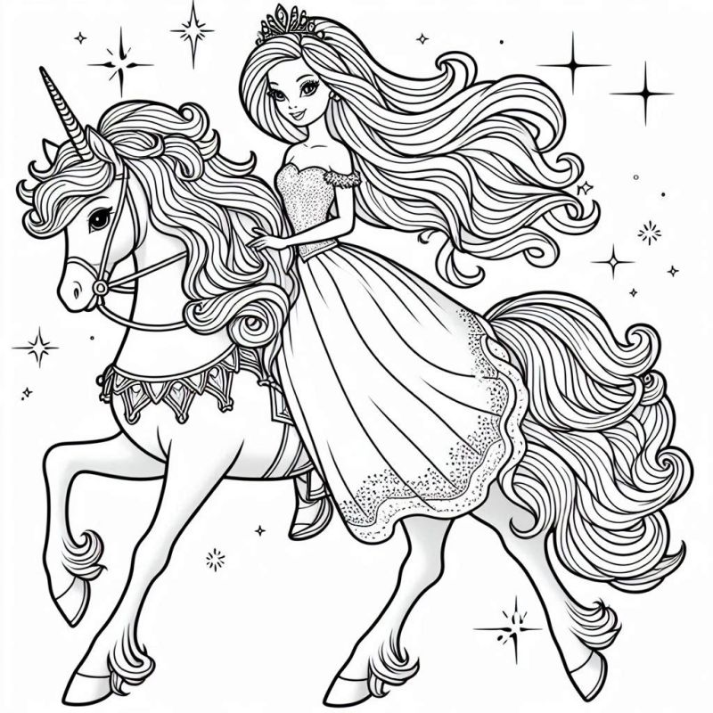 Desenho da Barbie Princesa com Unicórnio para Colorir