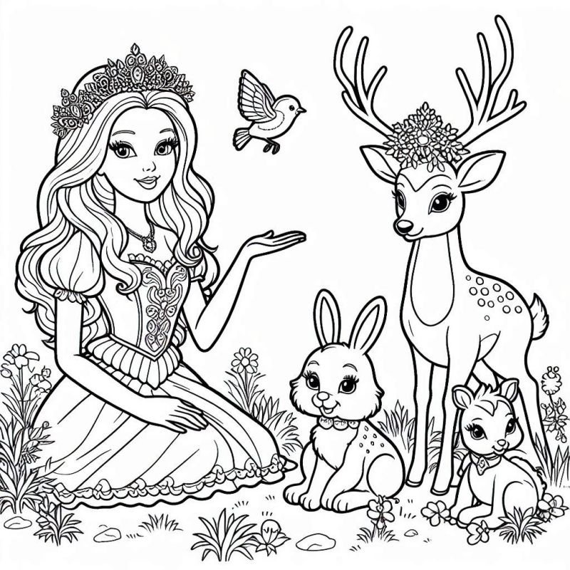 Desenho de Barbie Princesa com animais amigáveis para colorir