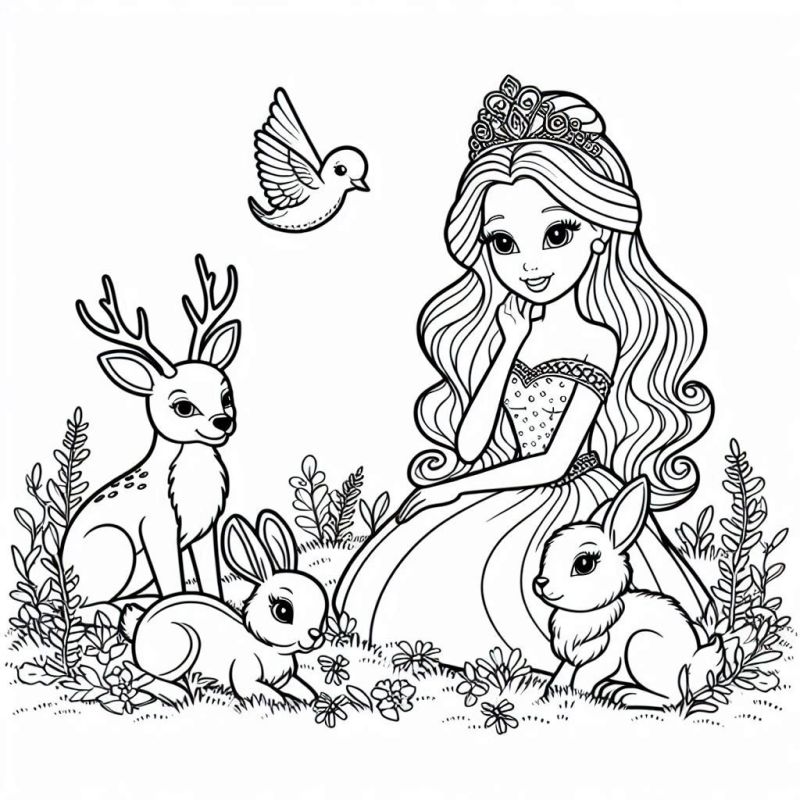 Cena encantadora da Princesa Barbie sentada com animais em um jardim, pronta para colorir