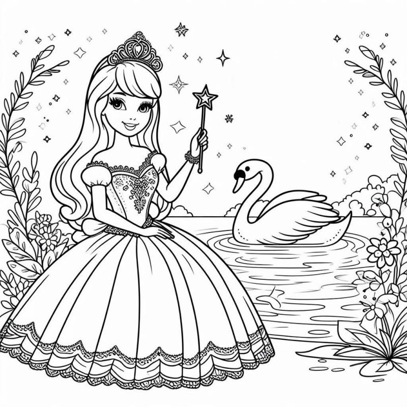 Desenho da Princesa Barbie com varinha ao lado de um lago para colorir