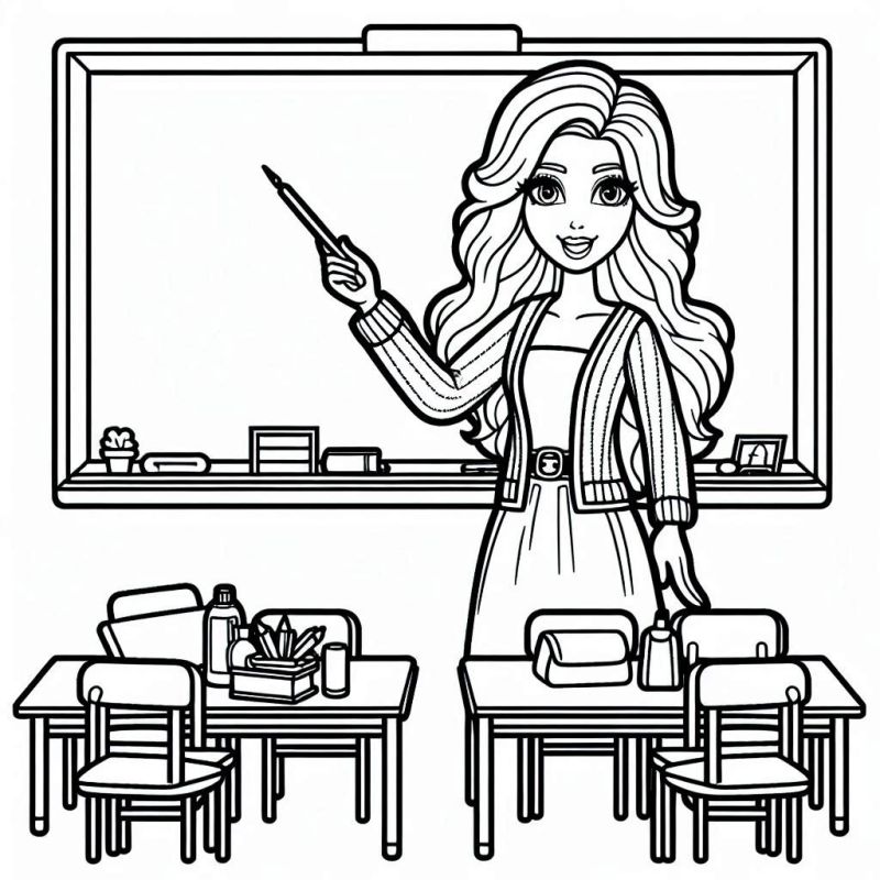 Desenho da Barbie Professora na Sala de Aula para Colorir