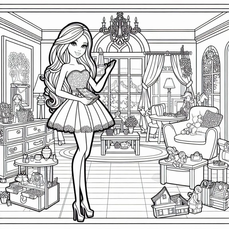 Desenho da Barbie na Sala de Estar Detalhada para Colorir