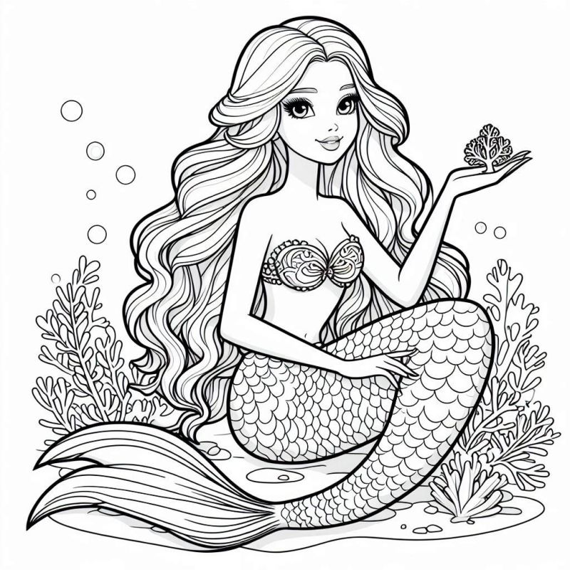 Desenho da Barbie Sereia para colorir, com detalhes subaquáticos e elementos complexos.