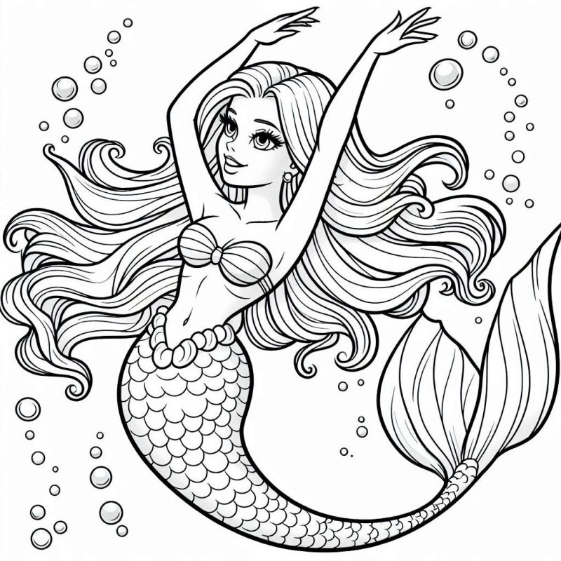 Desenho Detalhado da Barbie Sereia para Colorir