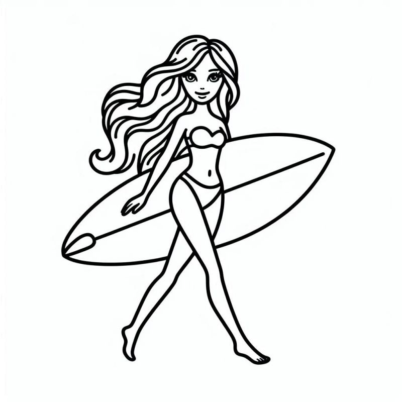 Desenho de Barbie com biquíni e prancha de surf para colorir