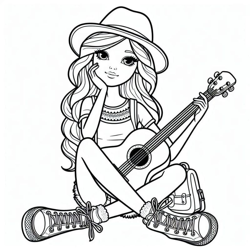 Desenho de Barbie Jovem com Violão para Colorir