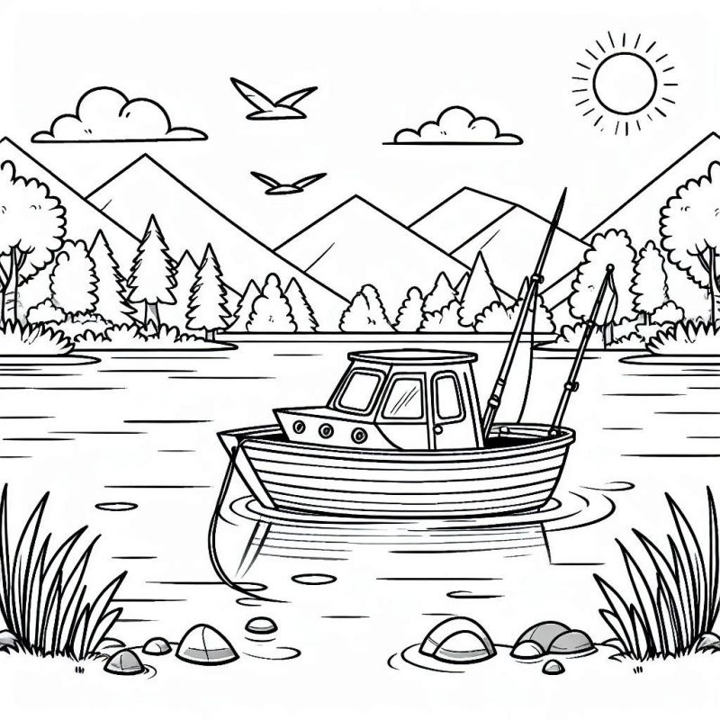 Desenho de barco de pesca flutuando em um lago sereno para colorir