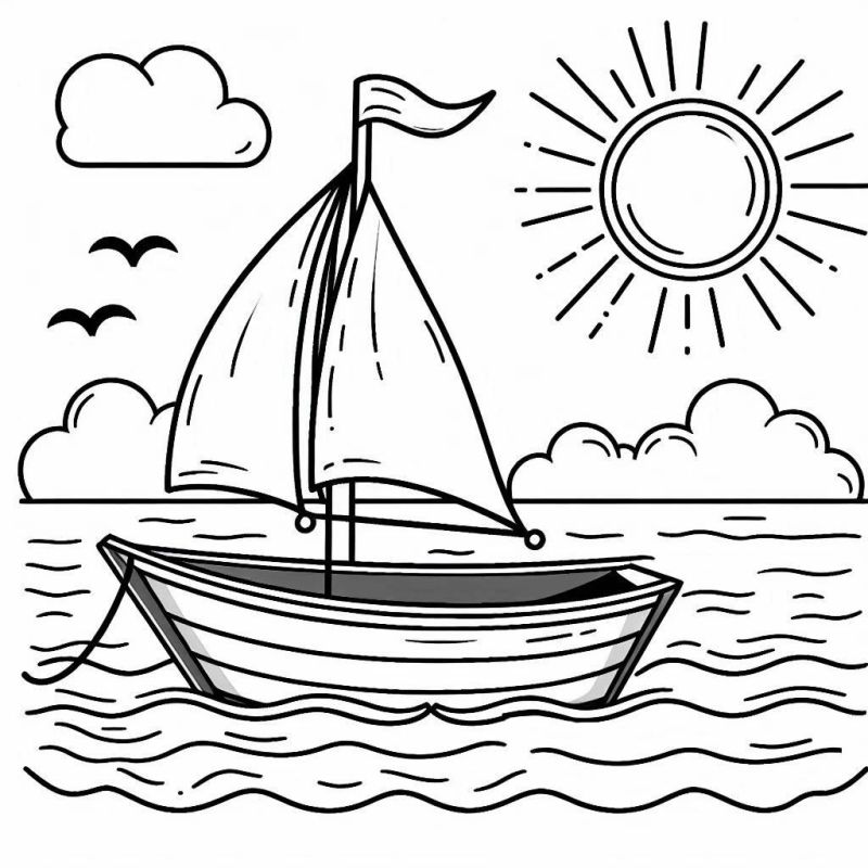 Desenho de cenário marítimo com barco à vela, sol, nuvens e pássaros para colorir.