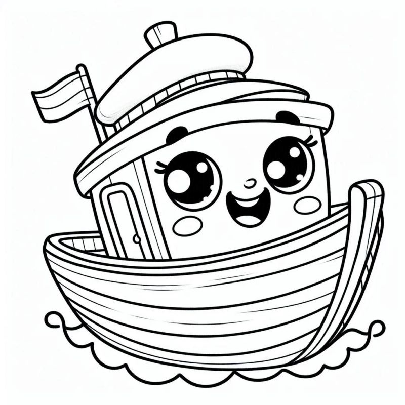 Desenho de um barco antropomorfizado fofo para colorir