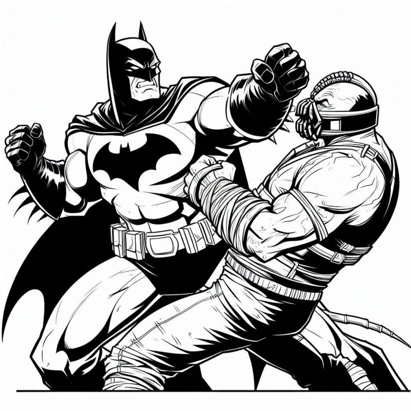 Desenho épico para colorir de um confronto entre Batman e Bane