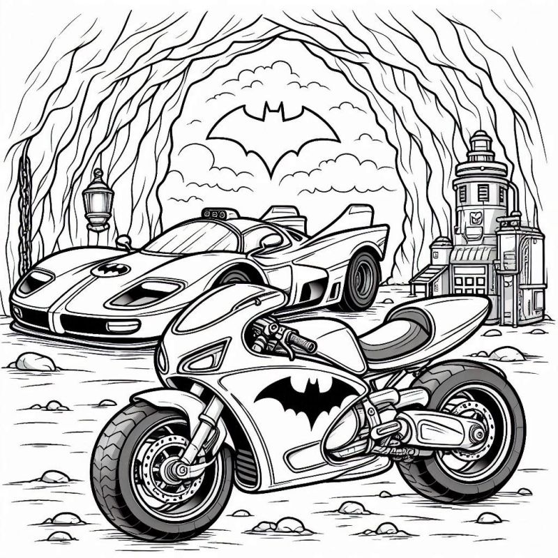 Desenho da Batcaverna com Batmoto e Batmóvel para Colorir