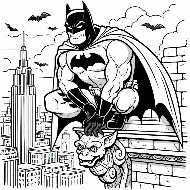 Desenho do Batman agachado sobre uma gárgula para colorir