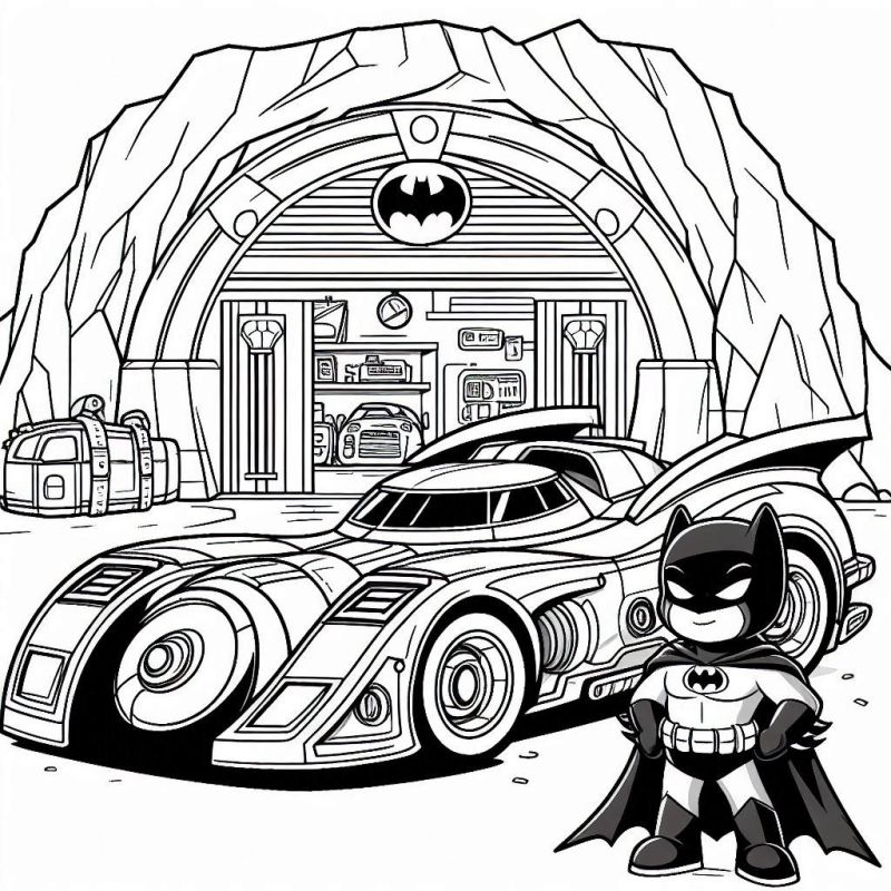 Desenho para Colorir do Batman na Batcaverna com Batmóvel