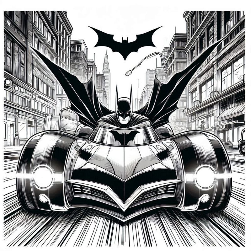 Desenho para colorir do Batman dirigindo o Batmóvel em alta velocidade na cidade