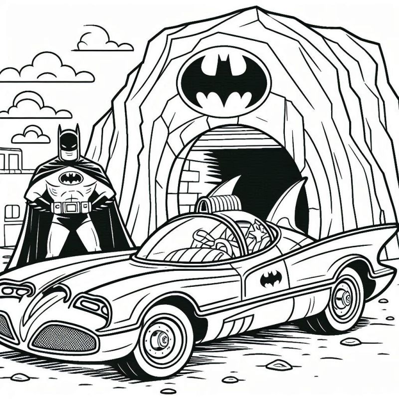 Desenho do Batmóvel com Batman em frente à Batcaverna, pronto para colorir