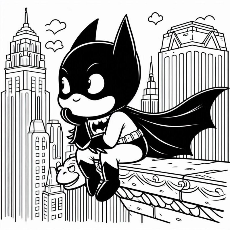 Desenho para colorir do Batman chibi estilizado sentado na borda de um edifício