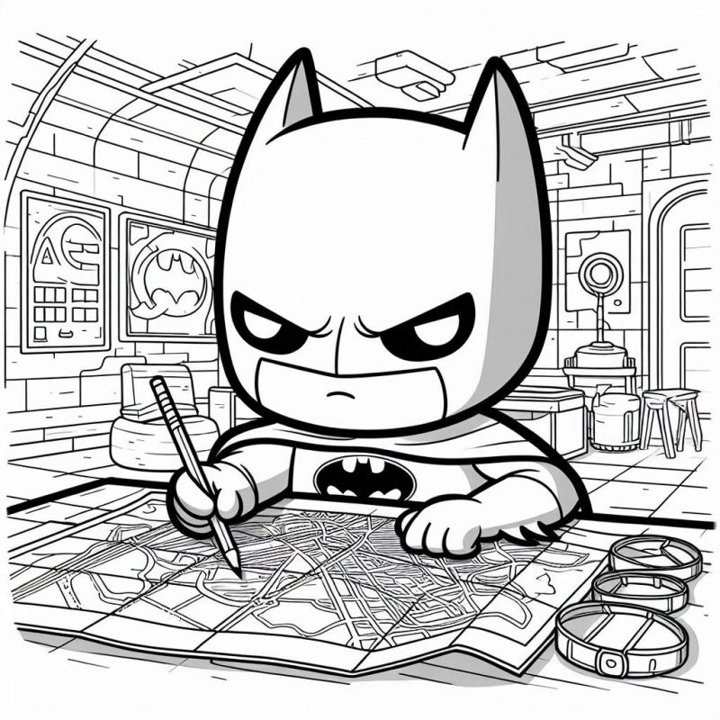 Desenho para Colorir: Batman Chibi na Batcaverna