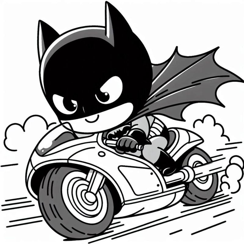 Desenho do Batman Chibi Pilotando Motocicleta para Colorir