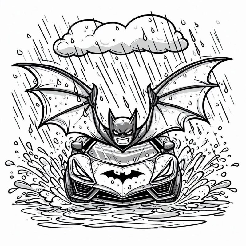 Batman dirigindo o Batmóvel sob chuva torrencial para colorir