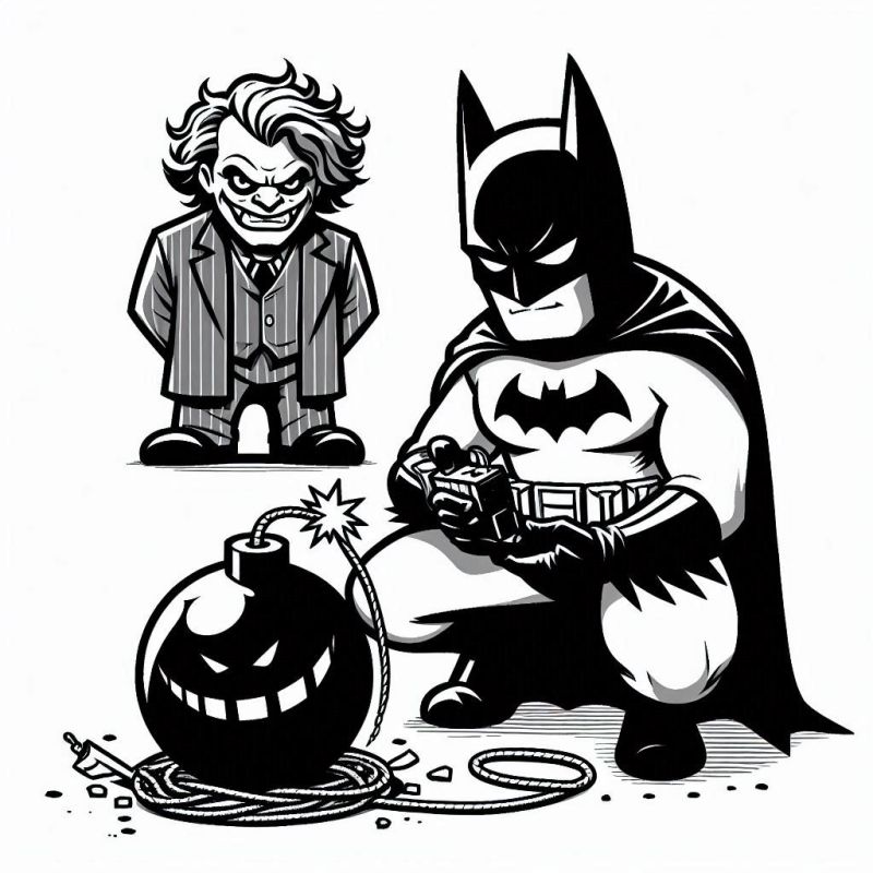 Desenho de Batman desarmando bomba com Coringa ao fundo, pronto para colorir