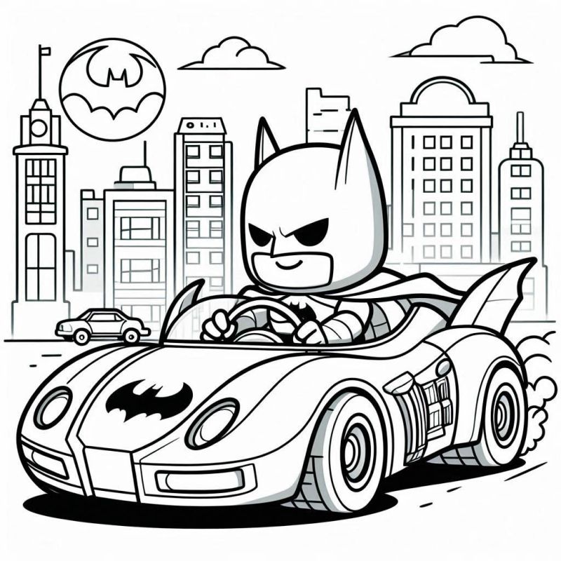 Desenho do Batman em estilo cartunesco dirigindo o Batmóvel em Gotham