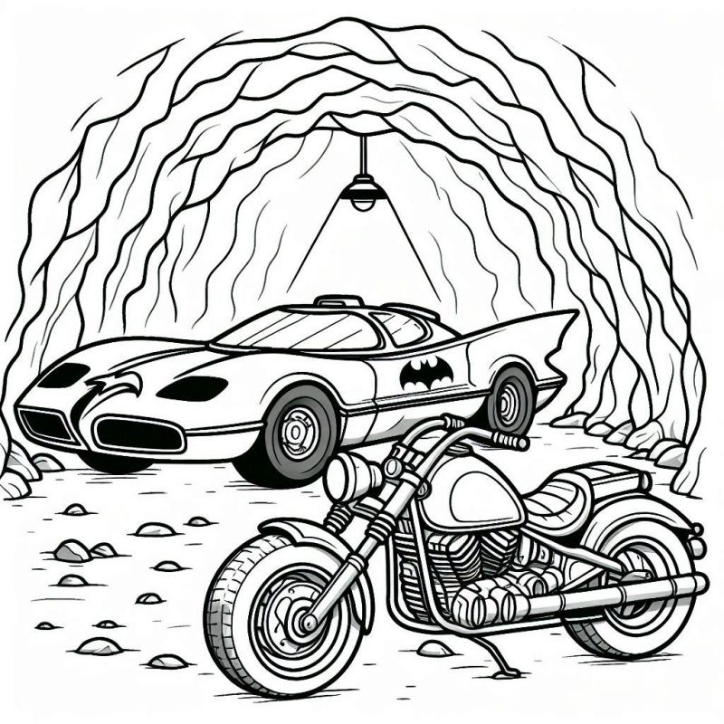 Desenho da Batcaverna com Batmóvel e Motocicleta para Colorir