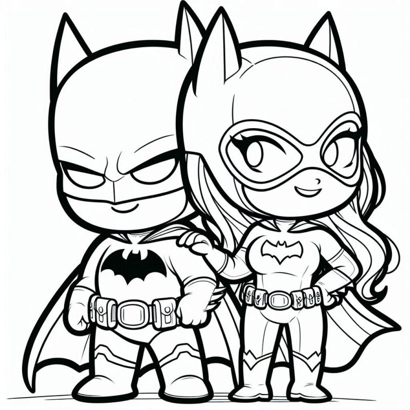 Desenho Chibi de Batman e Batgirl para Colorir