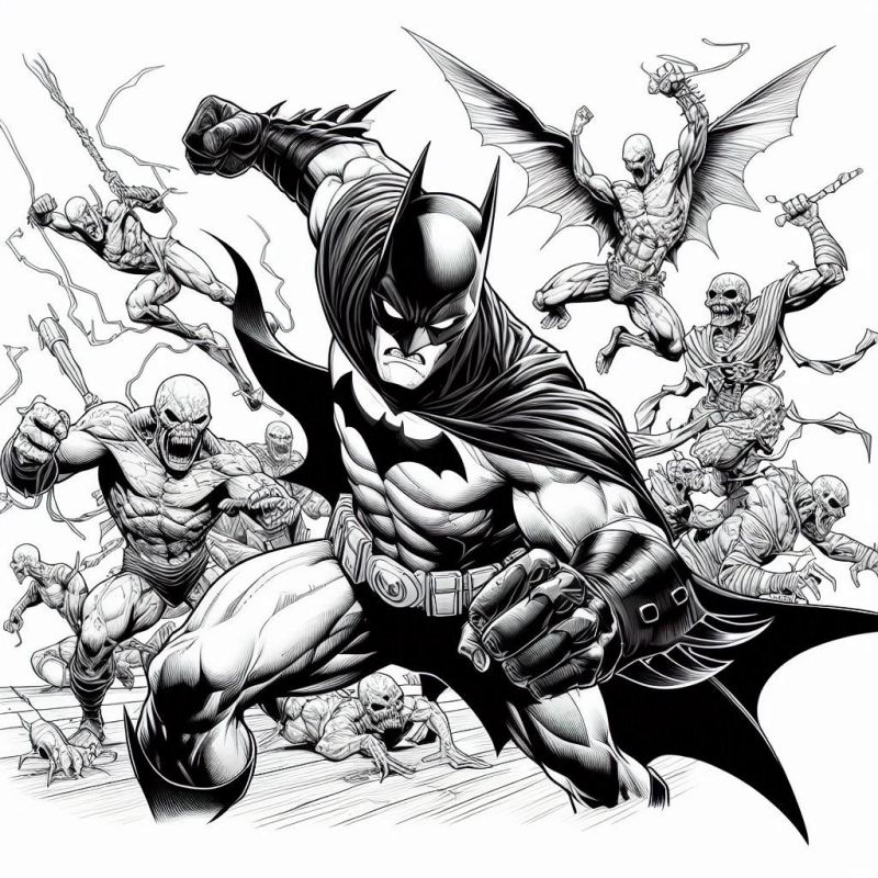 Desenho para colorir do Batman em uma batalha dinâmica contra vários vilões.