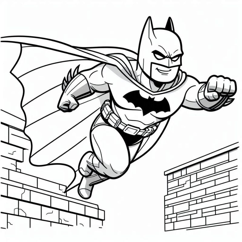 Desenho para colorir de Batman pulando entre edifícios com capa esvoaçante