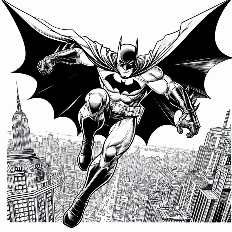 Batman saltando sobre Gotham City para colorir