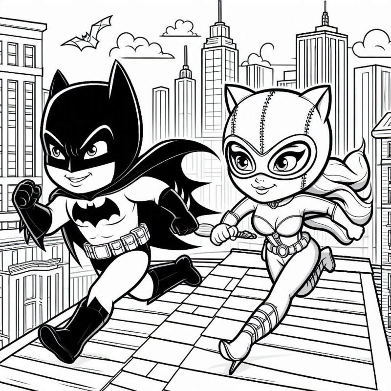 Desenho de Batman Correndo com Mulher Gato para Colorir