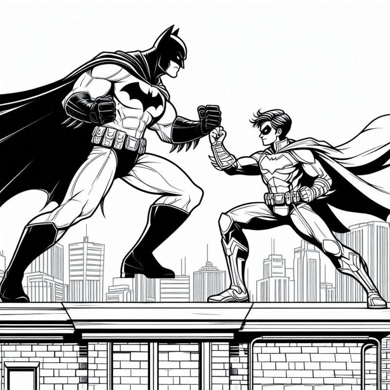 Desenho para colorir do Batman e Robin no topo do prédio em Gotham City