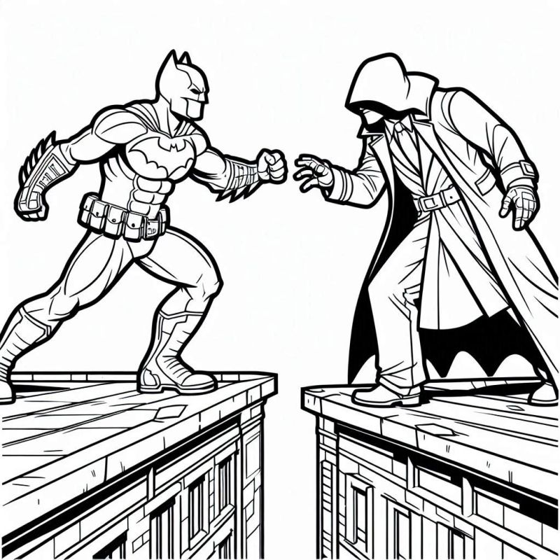 Desenho para Colorir: Batman vs Inimigo no Topo dos Prédios