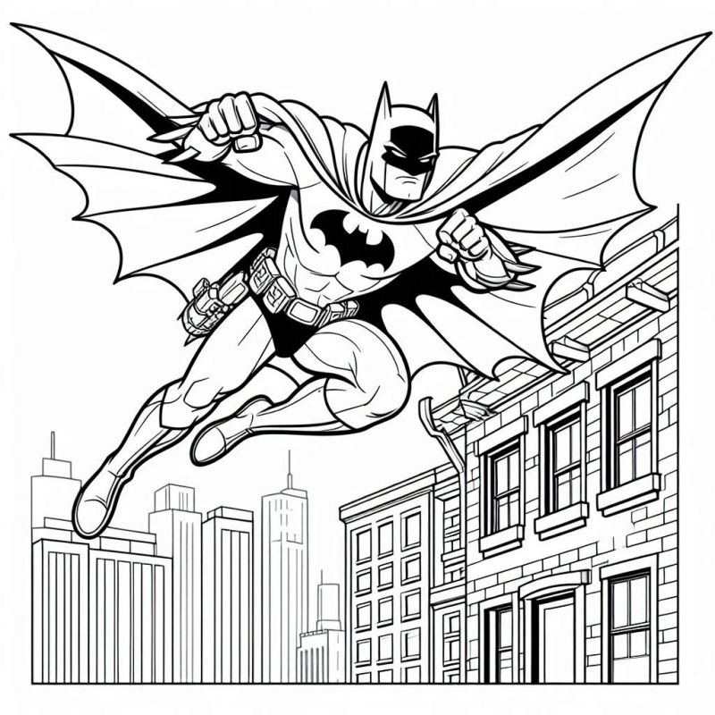 Desenho do Batman voando sobre Gotham City para colorir