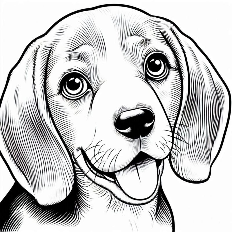 Desenho de um beagle para colorir com foco no rosto expressivo e alegre.