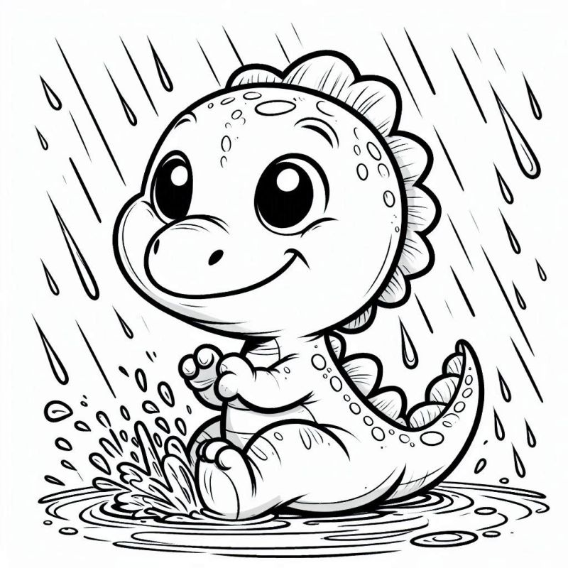 Desenho de Bebê Dinossauro Amistoso na Chuva para Colorir